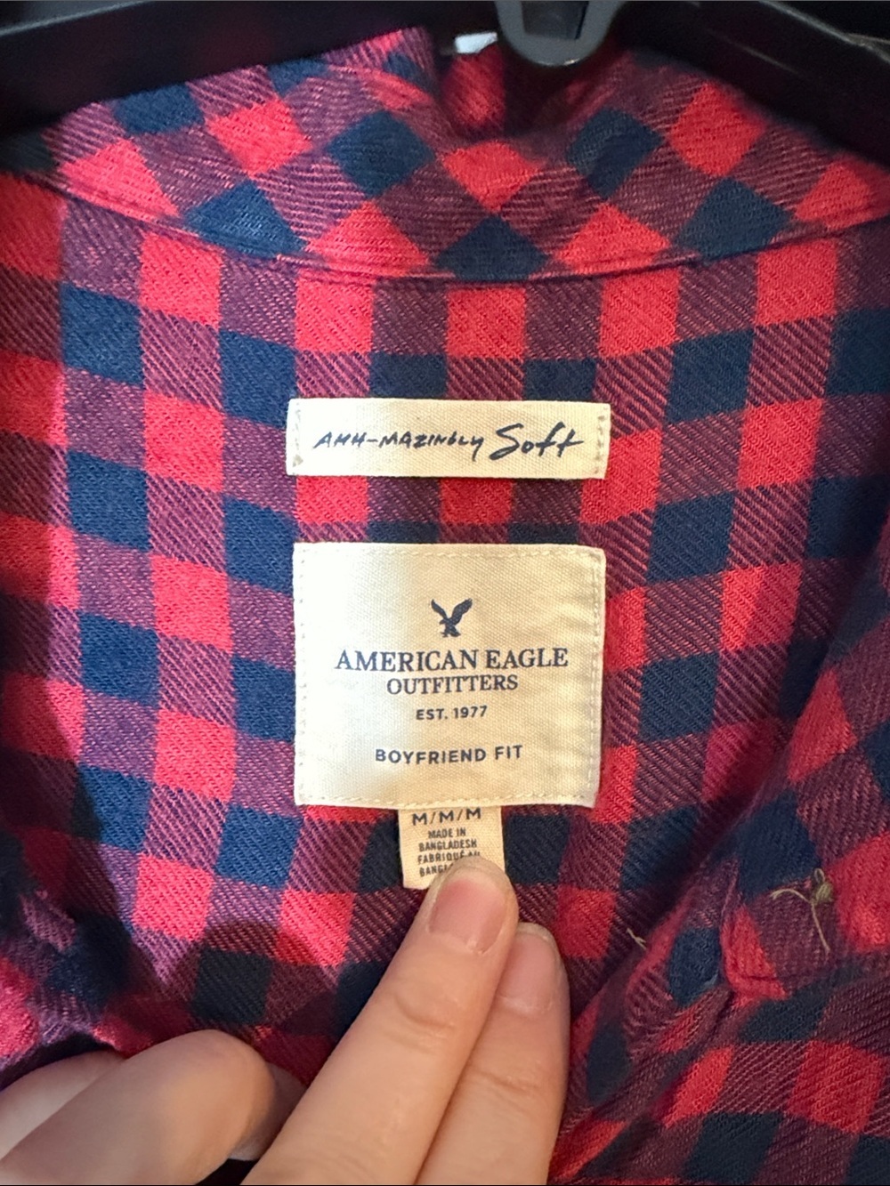 American Eagle Outfitters Red and Navy Plaid Boyfriend Shirt - Picture 2 of 3